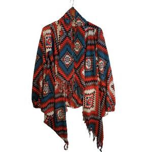 Billabong Cardigan Shawl Womens Medium Aztec Print Multicolored Fringed Boho